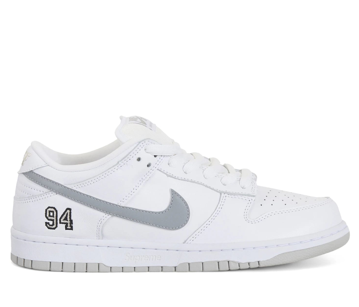 Nike SB Dunk Low Supreme 94 White Metallic Silver 